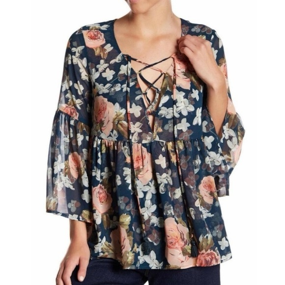 Show Me Your MuMu Tops - Show Me Your Mumu Teal Sheer Floral Lace up Front Peplum Cottagecore Blouse Sz M